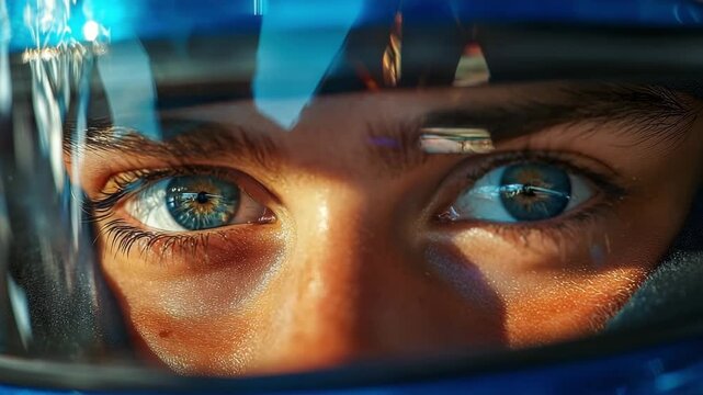 Young racer shows focus and determination before starting the race in a go-karting event at the local track