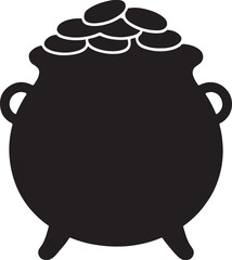 Black Cauldron with Coins on White Background