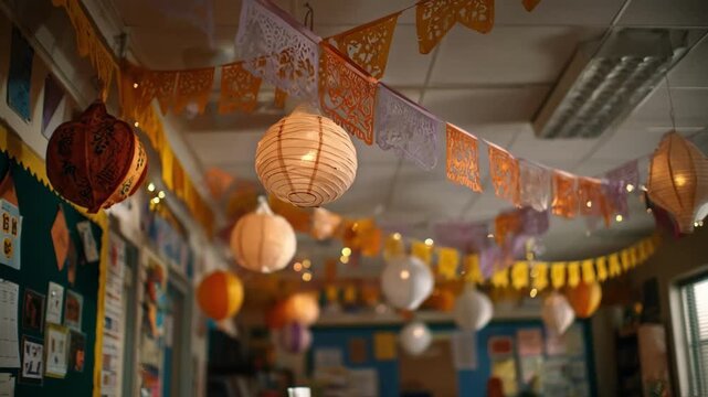 Medium shot capturing a lively corner of the classroom decorated with festival banners and hanging lanterns with the main object in crisp focus and surrounding elements blurred.