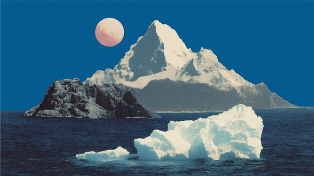 Montagne enneig&eacute;e et iceberg g&eacute;ant flottant sous une lune rose dans un ciel bleu profond