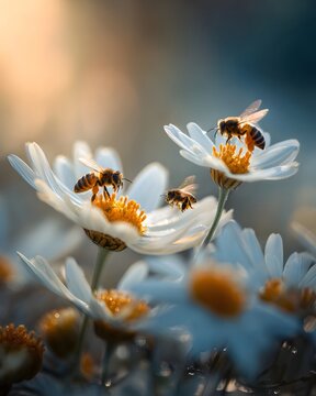 Intimate close-up of bees diligently working on blooming daisies, highlighting their intricate wings, pollen baskets, and the delicate white petals, all illuminated by soft.