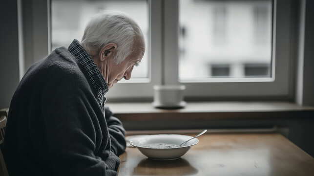 Elderly man sitting alone at a wooden table, eating soup with a spoon, deep in thought, portraying loneliness and solitude