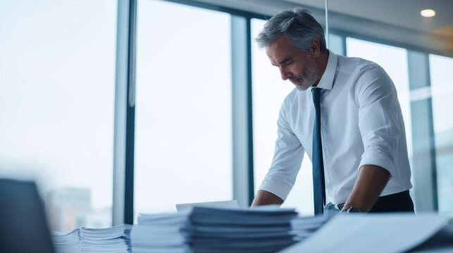 Businessman intently sorting through a high volume of paperwork piled on an office desk, handling administrative tasks and records