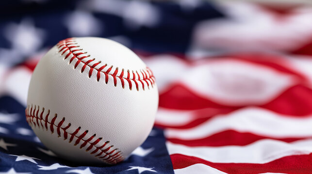 Baseball sitting on a wrinkled American flag in soft focus, representing national sport, culture, and patriotic spirit