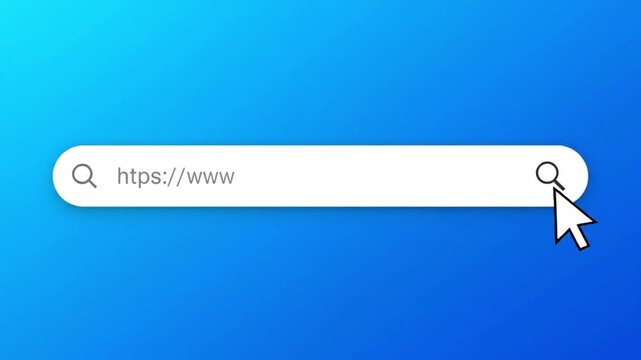 Modern web browser search bar on blue gradient background with cursor clicking
