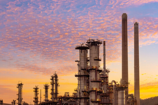Oil refineries and industrial petroleum processing plant and powerful sky. essential for energy security.