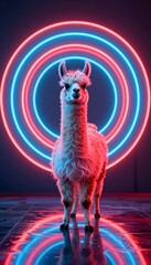 Obraz premium Llama Standing Proudly Against a Neon Circular Light Background in a Modern Artistic Setting