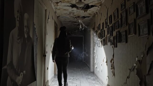 A figure walks cautiously through a dimly lit, dilapidated hallway. Shadows dance as a flashlight beam illuminates old photographs, uncovering stories of the past hidden in the darkness.
