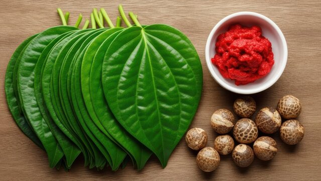 Betel leaves, areca nuts, and red powder on a wooden surface