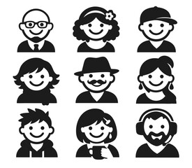 Nine black silhouette smiling avatar icons with different hairstyles and accessories like glasses, hat and headset. Concept of user profiles, contacts, UI and friendly community.