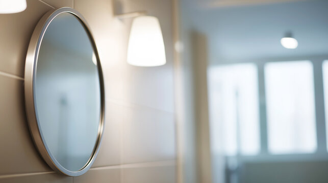 Empty minimal bathroom with a sleek round mirror and glowing wall lamp reflecting tranquil ambient light from a distant window