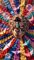 Obraz premium Ostrich Surrounded by Colorful Textiles and Whimsical Paper Cranes with Bubbles in a Playful Setting