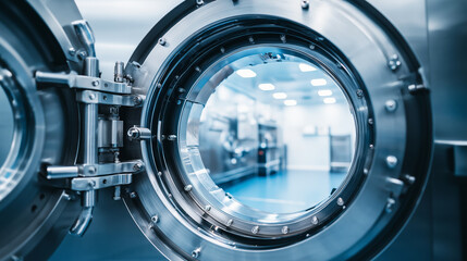 Industrial vacuum chamber machine door opening in a sterile laboratory setting, representing precision and high tech manufacturing processes