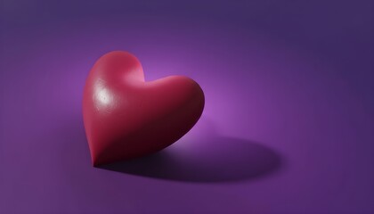 A single red heart casting a shadow on a purple surface
