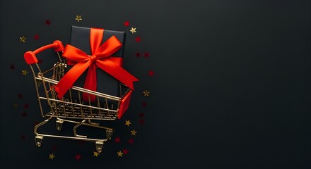 Miniature shopping cart with black gift box and red bow on dark background