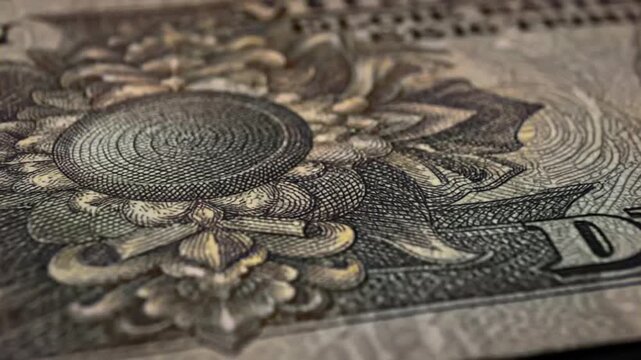 A detailed close-up shot of an intricate pattern on a piece of currency, highlighting security features and artistry.