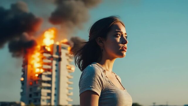 Distressed woman looking at a burning apartment building engulfed in flames and black smoke, representing the horrors of war, disaster, and terror attacks on civilians