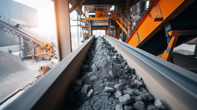 Industrial conveyor belt moving crushed stone aggregates inside a modern quarry production facility with bright sunlight