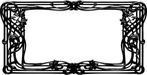 Obraz premium A black and white vector graphic of an ornate rectangular frame with floral designs