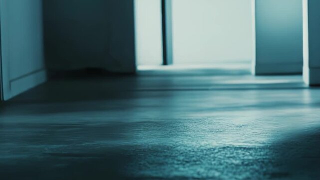 Empty corridor floor reflecting cool light and casting long shadows, symbolizing mystery, solitude, and a journey into the dark, uncertain future ahead