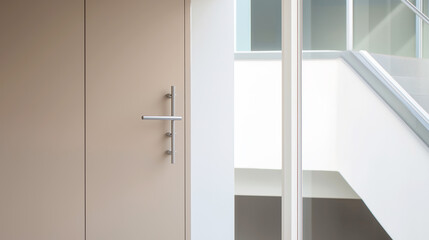 Obraz premium Modern beige door with minimalist metal handle in light interior featuring white staircase and glass railing