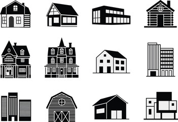 Fototapeta premium House and building silhouettes collection, residential and commercial property vector icons set, architecture structures isolated on white background illustration