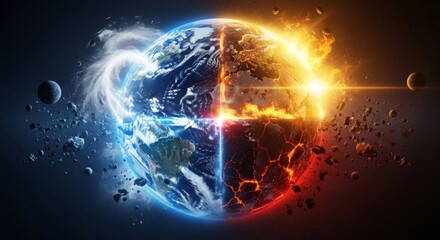 Obraz premium Split Earth Showing Fire and Ice Climate Concept
