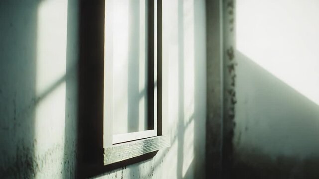 Sunlight entering through a window creating strong geometric shadows on a textured, gritty, and deteriorated wall surface in an old, abandoned, and empty building