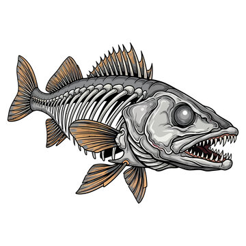 Walleye fish skeleton illustration with sharp teeth and vintage hand drawn style on white background