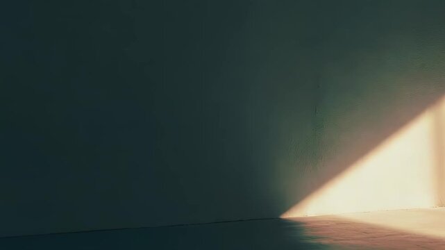 Sunlight casting strong, geometric patterns and shadows across the interior wall and concrete floor, illustrating warm hues and emphasizing light contrast within an empty space