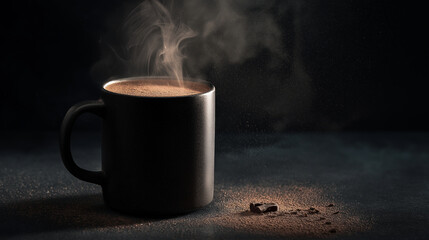 Steaming hot chocolate in black mug, cinematic lighting