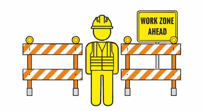 Construction worker standing between traffic barriers with work zone sign.