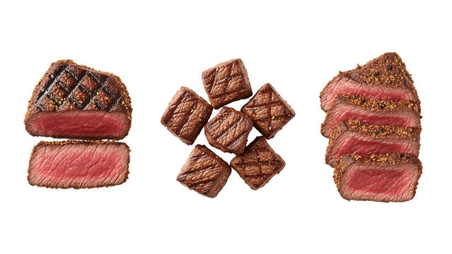 Assorted grilled steak cuts isolated on transparent background showcasing juicy and tender meat texture