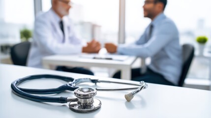 Fototapeta premium Healthcare appointment scene with stethoscope on desk, doctor and patient engaged in discussion in bright, minimalist medical office