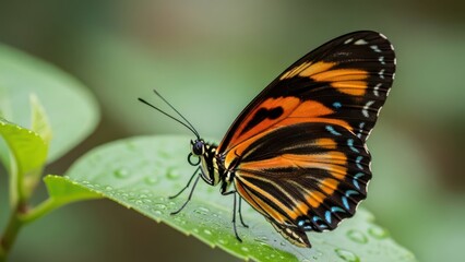 Naklejka premium Butterfly on leaf with water droplets