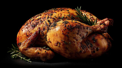 Premium roast chicken styled in a dark gourmet mood.