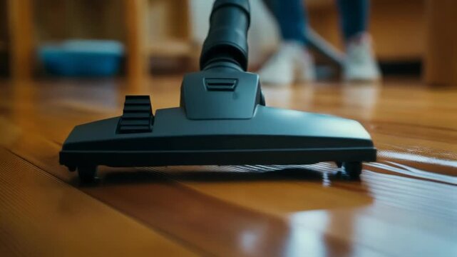The parquet floor gleams as the vacuum cleaner glides across it, demonstrating cosy home cleaning &mdash; the perfect atmospheric backdrop for advertising household appliances or articles about cleanliness.