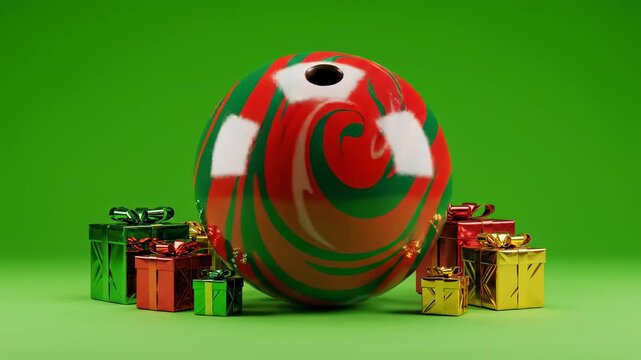 Seamlessly looping isolated red and green Christmas themed bowling ball rotating slowly above chroma key green surface with isolated gift boxes animation, festive object, advertising element