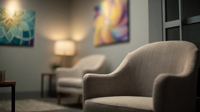 Medium shot capturing a calming behavioral health counseling space with soft lighting a comfortable chair in focus and blurred soothing artwork on the walls.
