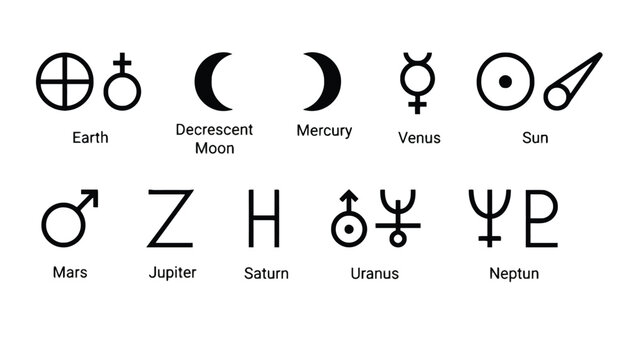 A collection of planetary and celestial body symbols in black and white
