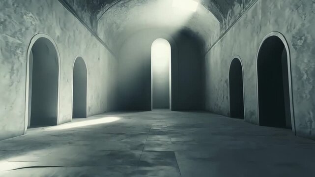 Ancient stone corridor featuring a dramatic ray of light entering from a window at the distant end, highlighting the dust particles, creating a sense of mystery and hope