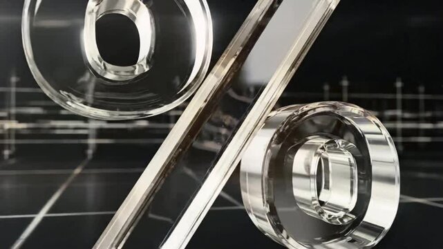 A large, pristine transparent percentage symbol, crafted from glass or crystal, gleams against a dark background with digital grid lines.