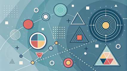 Obraz premium Geometric abstract background with interconnected shapes and lines, representing technology, data, and network concepts.