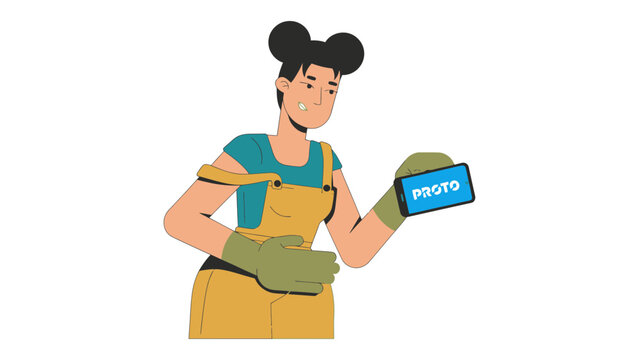 A cartoon woman in overalls holding a smartphone with a proto label
