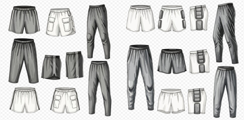 Collection of various men's shorts and pants designs for sports and casual wear. © studio