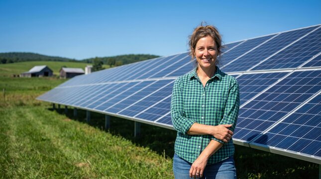 Woman farmer smiling in front of solar panels on a sunny day with barns in background