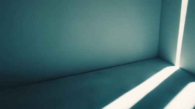 Light and shadow contrast creating geometric patterns on an empty room's floor, illustrating concepts of hope, illumination, and solitude through abstract lines and reflections