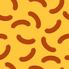 Grilled sausages seamless pattern. Roasted hot grilled hot dogs repeating pattern. Barbecue bbq spicy meat sausages background for fast food restaurant. Vector illustration