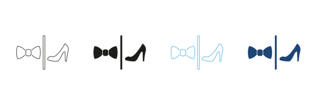 Bow Tie And High Heel Line And Solid Icon Set. Gender Roles, Fashion, And Formal Attire Outline And Silhouette Symbol Collection. Style And Elegance Representation. Isolated Vector Illustration