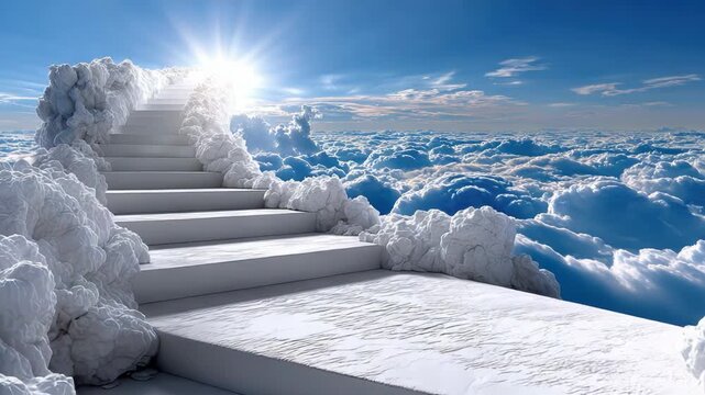 White stairway ascending through soft, fluffy clouds into a brilliant blue sky with a shining sun, representing a spiritual journey, hope, and the path to heaven and enlightenment